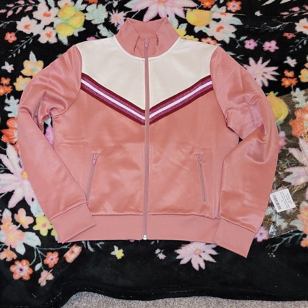 New American Apparel Track Crop Zip Up Jacket Dusty Rose w Trophy Stripe M